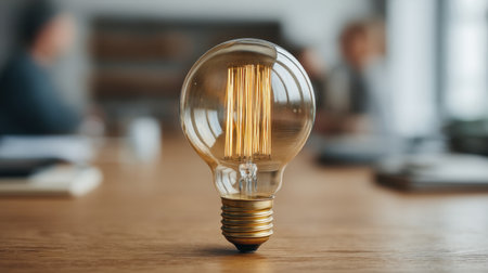 A striking light bulb radiates warmth on a conference table, symbolizing creativity and innovation in a professional setting. Engage with inspiring ideas and interactions.の素材
