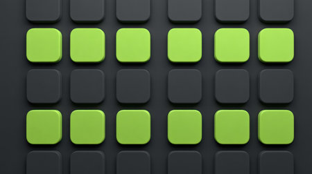 This abstract image showcases a modern arrangement of green 3D blocks forming a grid over a dark surface, emphasizing symmetry and contemporary design aesthetics.の素材
