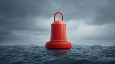 A striking red buoy floats in a dark and stormy ocean, surrounded by towering waves and a dramatic sky, symbolizing isolation and the raw power of nature.の素材