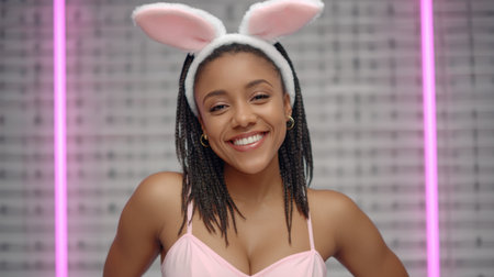 A joyful woman DJ shines in a playful bunny outfit while performing under colorful strobe lights, captivating the vibrant crowd with her energetic presence at a lively music event.の素材