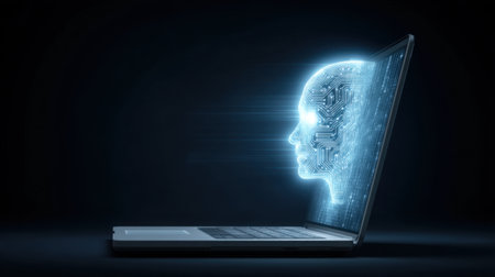 A stunning visual of an illuminated face emerging from a laptop screen, surrounded by vibrant data streams. This concept represents the future of technology and digital interaction.の素材