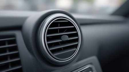 This detailed close-up image showcases an air vent in a modern car interior, highlighting its design and functionality for improved air circulation and comfort.の素材