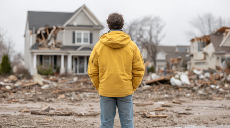 A person in a bright yellow jacket stands facing the ruins of a damaged house, reflecting on the impact of a recent natural disaster. The scene captures emotional depth and resilience.の素材
