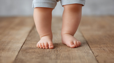 Capture the wonder of a baby taking first steps on a wooden floor, showcasing the joyful and tender moments of early childhood and exploration in a home setting.の素材