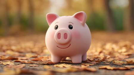 A charming pink piggy bank stands on a bed of vibrant autumn leaves, bathed in gentle sunlight. This cozy scene invites feelings of warmth and encourages savings.の素材