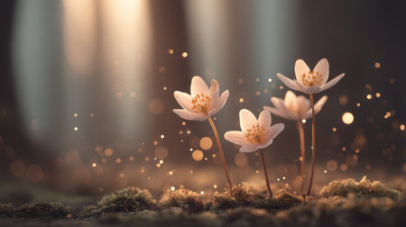 Experience the serenity of a luminous woodland scene at sunset, showcasing delicate flowers illuminated by soft light and enchanting sparkles in nature's beauty.の素材