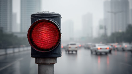 A striking image of a red traffic light indicating stop on a rainy day, featuring blurred vehicles and an urban skyline, capturing the essence of city life in gloomy weather.の素材