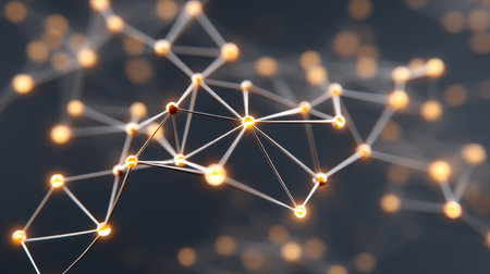 This abstract image showcases a network structure with bright lights against a dark background, symbolizing digital connections and technological innovation. Perfect for various themes.の素材