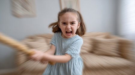 A young girl exhibits a powerful emotional outburst while throwing a toy in her room, captured in a dynamic motion that reflects her intense feelings.の素材
