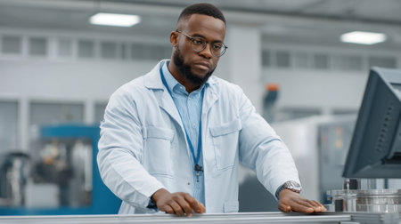 A young engineer adjusts high-tech machinery in a modern industrial environment, demonstrating expertise and precision in their work. Perfect for showcasing innovation.の素材