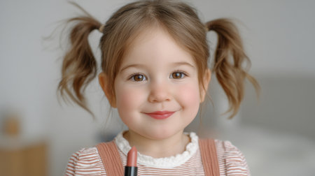 A cheerful child with pigtails is smiling while holding a lipstick in a bright and playful indoor setting, showcasing joy and innocence in a delightful moment.の素材