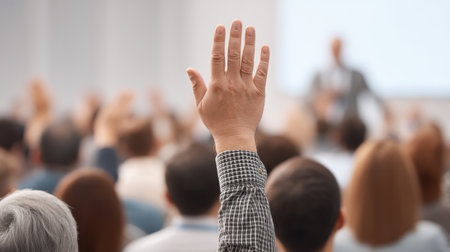 A focused audience engages actively during a business conference, with a hand raised to ask questions, illustrating commitment to learning and participation.の素材