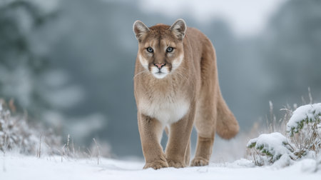 A magnificent cougar traverses a snowy landscape, showcasing its powerful build and keen gaze. The serene winter scene highlights the beauty of wildlife in nature.の素材