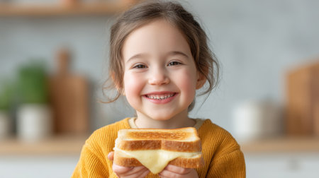 A cheerful girl beams with joy while holding a delicious grilled cheese sandwich in a cozy kitchen, capturing the essence of comfort food and childhood happiness.の素材