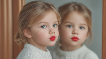 A young girl playfully experiments with red lipstick while gazing into a mirror. Her charming reflection captures the innocence and creativity of childhood in soft natural light.の素材