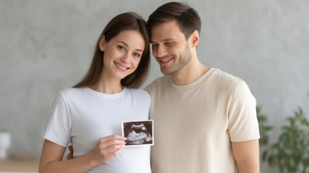 A joyful couple stands together in a cozy home, proudly displaying their ultrasound photo, capturing an exciting moment of their journey into parenthood.の素材