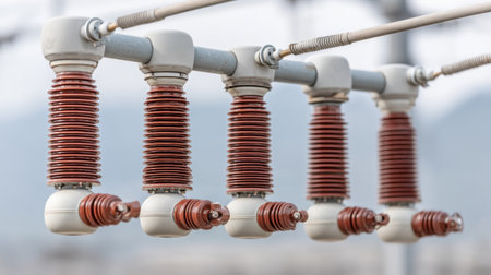 This image captures high-voltage insulators mounted on power lines, set against a distant mountain backdrop, highlighting essential components in electrical infrastructure.の素材