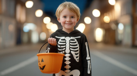 A joyful child dressed in a skeleton outfit holds a pumpkin bucket on a festive Halloween night, capturing the spirit of trick-or-treating in a charming street.の素材