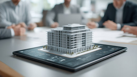 A detailed architectural model of a modern office building sits on a table during a business meeting, highlighting teamwork and project planning among professionals.の素材
