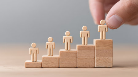 A hand positions a figure atop a staircase of blocks, symbolizing growth and achievement. This image captures the essence of progress, teamwork, and personal development.の素材