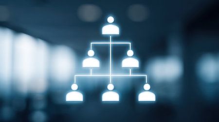 A modern digital organizational chart glowing in daylight, representing hierarchical structure and clear communication for business environments and professional presentations.の素材