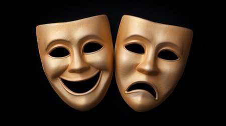 This striking image features golden theatrical masks symbolizing joy and sorrow, set against a black background, perfect for artistic and creative themes in various projects.の素材