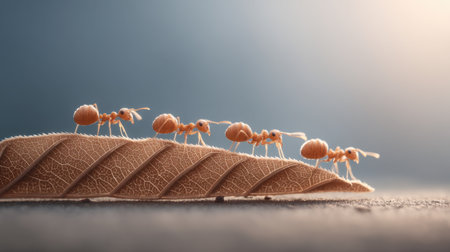 A stunning macro shot of ants meticulously walking in a line while carrying leaves on a branch, highlighting the beauty and cooperation found in nature.の素材