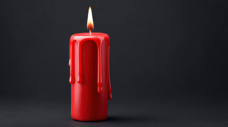 A striking red wax candle burns with a soft flame, melting slightly at the top. Set against a black background, this image showcases a warm ambiance perfect for decor.の素材