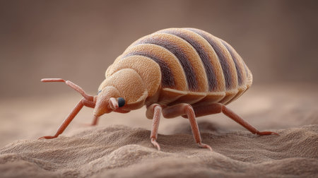 This detailed and realistic close-up image showcases a crawling bug, emphasizing its texture and form. Perfect for educational materials on skin irritation and biology.の素材