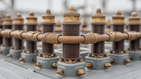 This close-up image showcases electrical insulators and connectors in an industrial environment, emphasizing unique materials and textures relevant to engineering and power systems.の素材