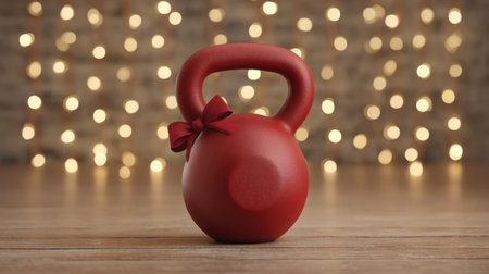 A vibrant red kettlebell adorned with a ribbon, set against a blurred backdrop of warm bokeh lights. Perfect for fitness themes, decoration, and inspiring workouts.の素材