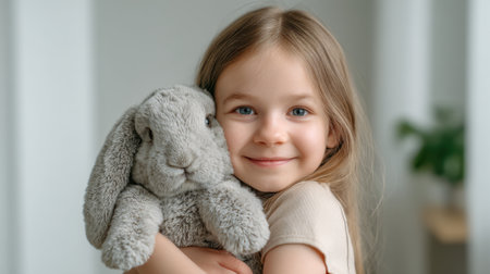 A charming scene featuring a young child cuddling a soft gray bunny toy, radiating warmth and joy in a naturally lit indoor environment, perfect for conveying innocence and comfort.の素材