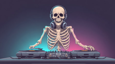 A lively illustration of a skeleton DJ spinning records at a Halloween club party, featuring colorful lights and an energetic, festive atmosphere perfect for celebrations.の素材