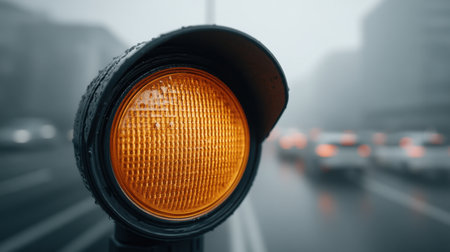 This image highlights a traffic signal featuring a blinking orange light amidst a foggy urban backdrop, capturing the essence of safety and caution during busy moments.の素材