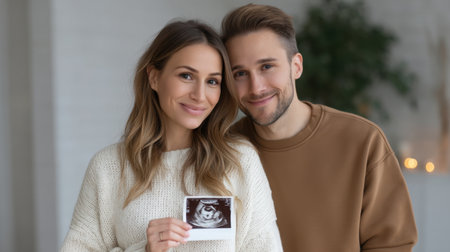 A joyful couple proudly displays an ultrasound image, capturing a heartwarming moment of anticipation and love within a cozy indoor environment.の素材