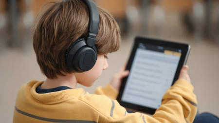 A young boy wearing headphones intensely engages with his tablet, immersed in an educational activity. The cozy environment fosters learning and curiosity.の素材
