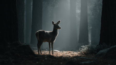 An enchanting scene featuring a deer gazing through the shadows of a dark forest, illuminated by soft, dramatic light, evoking a serene and mystical atmosphere.の素材