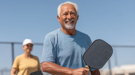 A senior male athlete swings his paddle during an engaging pickleball game outdoors, showcasing joy and energy in a competitive and fun environment.の素材