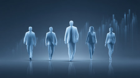 This image showcases silhouettes of professional individuals walking against a dark background, enhanced by floating data visuals, perfect for business and technology themes.の素材
