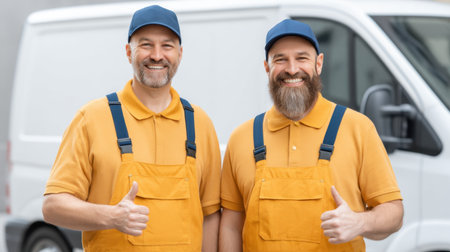 Two cheerful HVAC technicians pose together near their service van, smiling confidently in their bright uniforms, ready to provide expert assistance and support.の素材