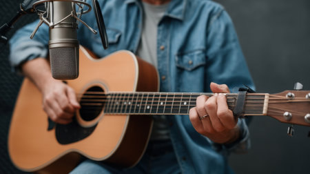 Close-up view of a musician performing on an acoustic guitar in a recording studio. The cozy ambiance highlights the artistic setup, capturing passion and creativity in sound.の素材