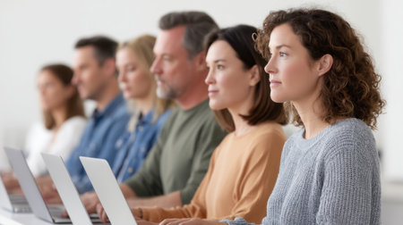 A diverse group of focused adults working on laptops in a modern workspace. Their expressions reveal concentration and collaboration during a brainstorming session.の素材