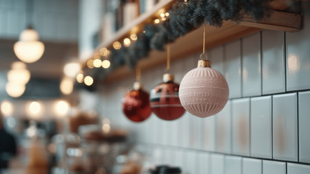A festive coffee bar adorned with beautiful Christmas ornaments, warm lights, and a cozy atmosphere perfect for enjoying seasonal beverages this holiday season.の素材