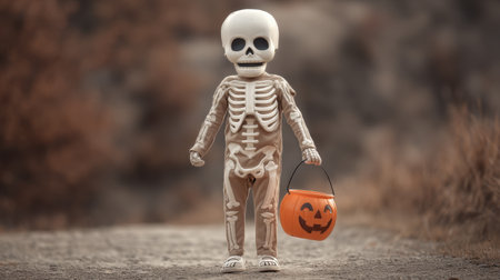 A charming child dressed in a skeleton costume is standing outdoors, holding a pumpkin bucket. This festive scene captures the playful spirit of Halloween and autumn joys.の素材
