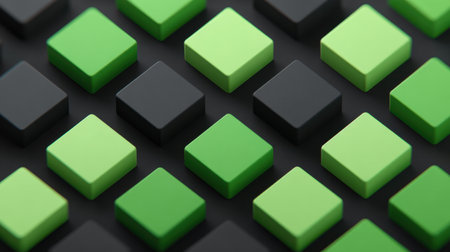 This image showcases a modern arrangement of green and black square blocks on a dark background, perfect for design projects, abstract art, and contemporary visuals.の素材
