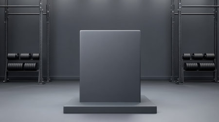 Experience a sleek gym environment showcasing dark weightlifting equipment and a central podium, designed for personal training and group fitness activities.の素材