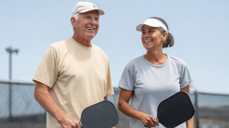A senior man in a cap is seen enjoying a pickleball game with a young opponent, both smiling and engaged in the friendly competition at an outdoor court.の素材