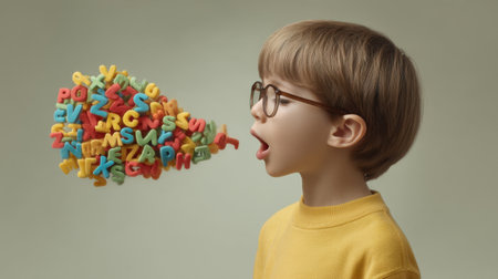A young boy captivates with a playful expression as colorful letters float from his mouth, symbolizing imagination and creativity in a vibrant art piece.の素材