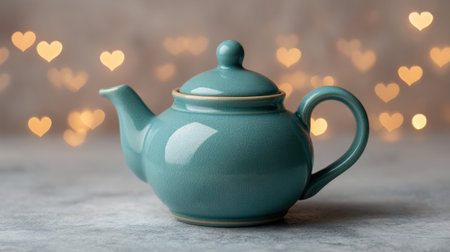 A teal ceramic teapot serves as a charming centerpiece, beautifully set against a dreamy background with heart-shaped bokeh, creating a warm and inviting atmosphere.の素材