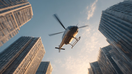 A stunning view of a helicopter soaring above modern city buildings during sunset, showcasing a vibrant skyline and captivating architectural details.の素材